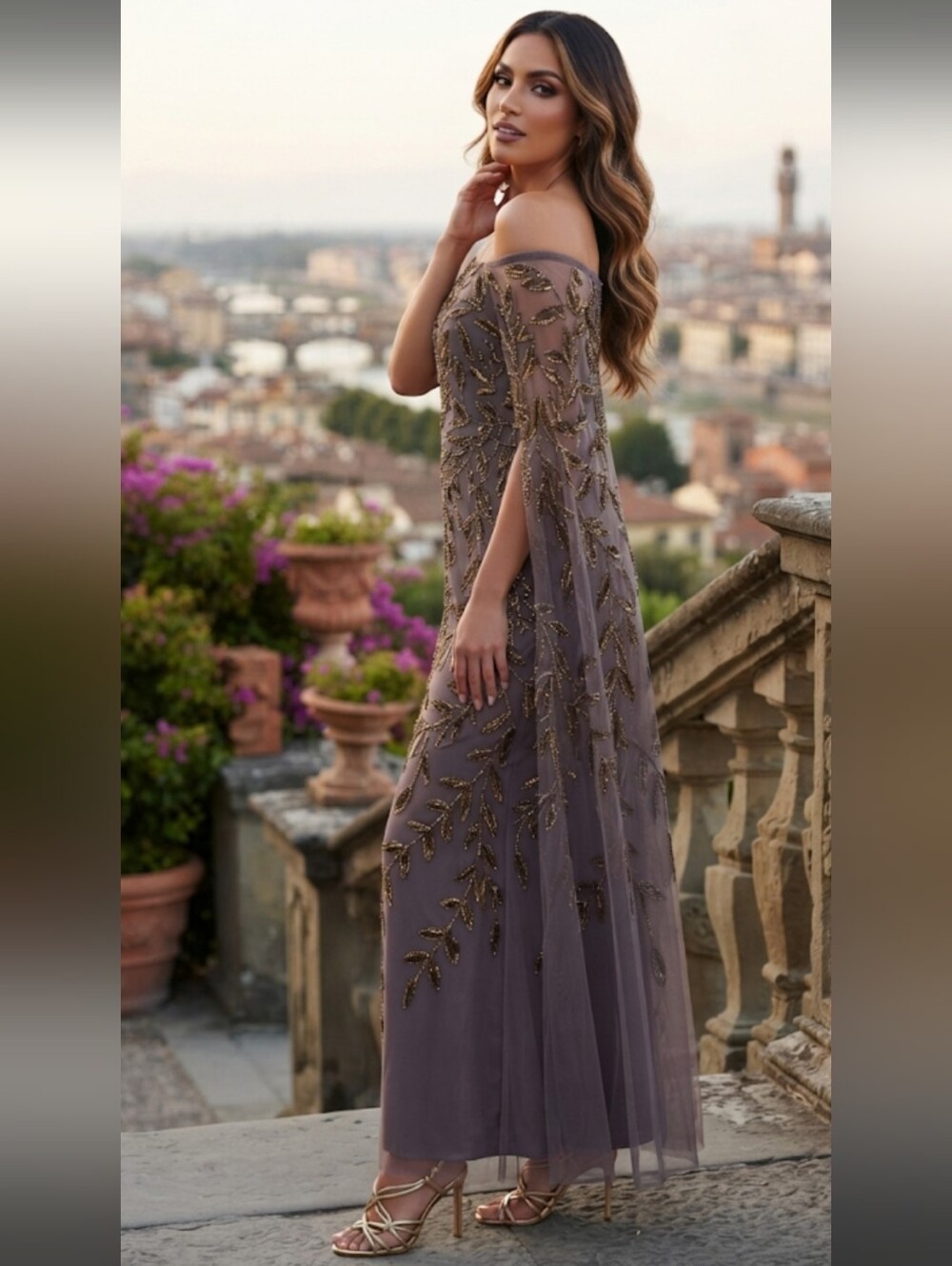 Adrianna Papell Mauve Off-Shoulder Beaded Evening Gown